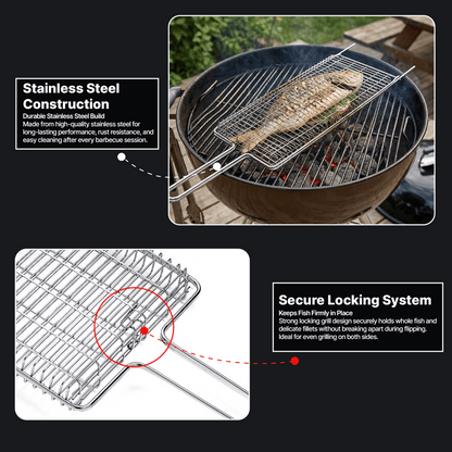 Brazilian Flame Chrome-Plated Steel Grill Basket — Non-Stick Fish & Steak Grilling Cage with Long Handle, Folding Double-Sided BBQ Basket for Whole Fish, Fillets & Meats | For Charcoal, Gas & Open Fire