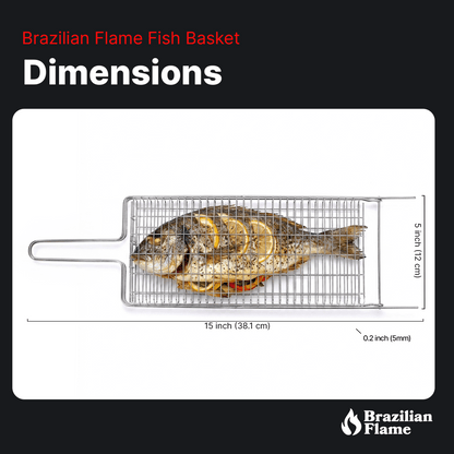Brazilian Flame Chrome-Plated Steel Grill Basket — Non-Stick Fish & Steak Grilling Cage with Long Handle, Folding Double-Sided BBQ Basket for Whole Fish, Fillets & Meats | For Charcoal, Gas & Open Fire