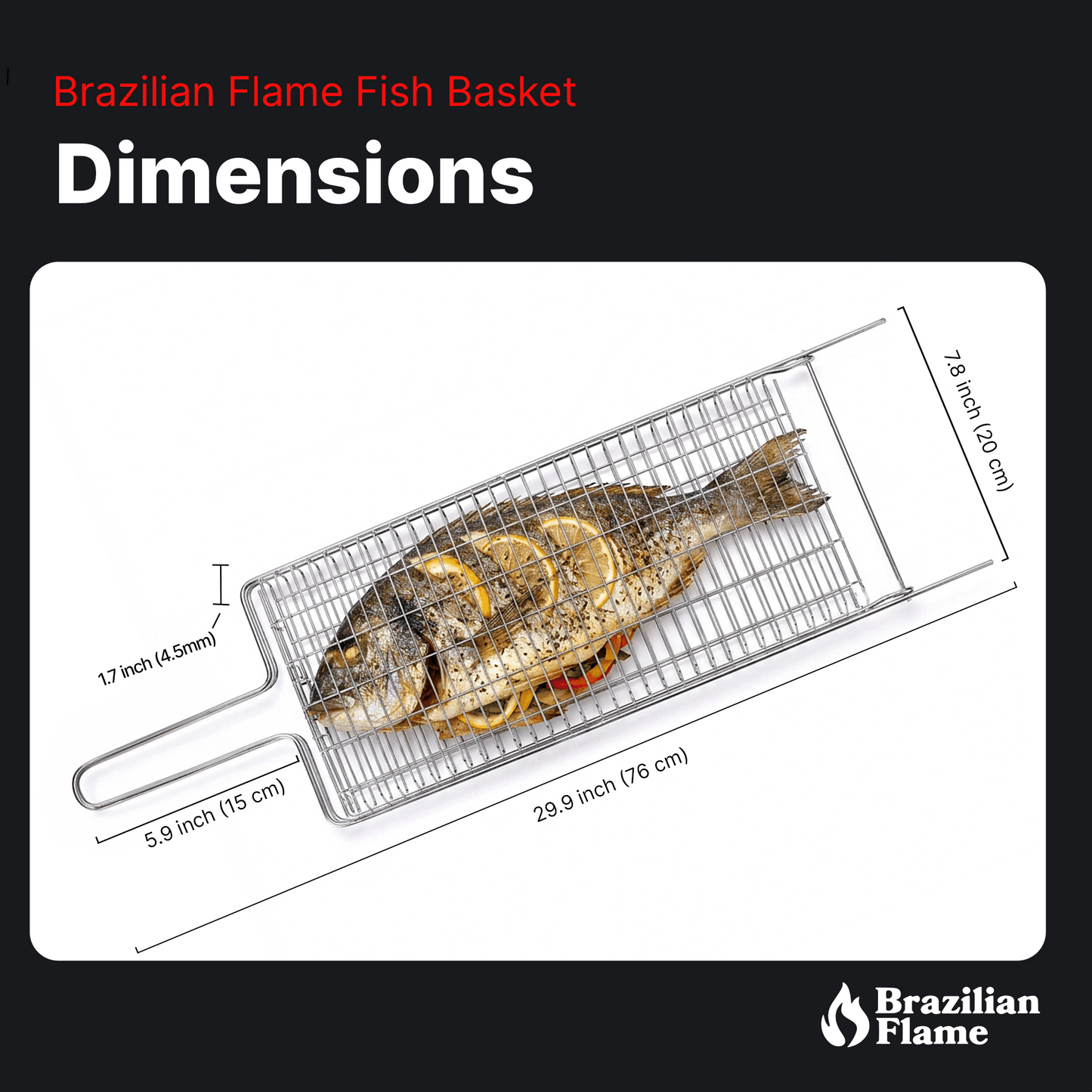 Brazilian Flame Chrome-Plated Steel Grill Basket — Non-Stick Fish & Steak Grilling Cage with Long Handle, Folding Double-Sided BBQ Basket for Whole Fish, Fillets & Meats | For Charcoal, Gas & Open Fire