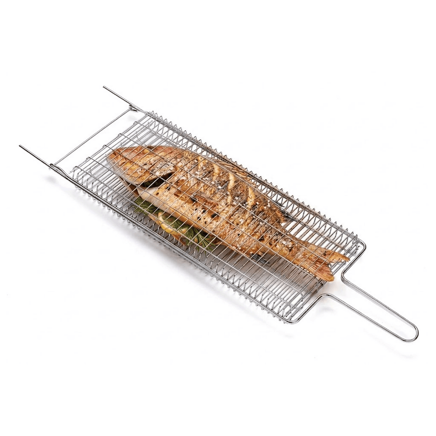 Brazilian Flame Chrome-Plated Steel Grill Basket — Non-Stick Fish & Steak Grilling Cage with Long Handle, Folding Double-Sided BBQ Basket for Whole Fish, Fillets & Meats | For Charcoal, Gas & Open Fire