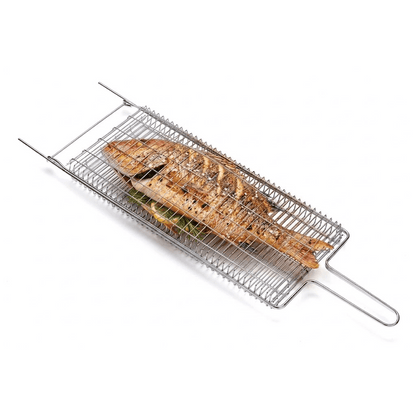 Brazilian Flame Chrome-Plated Steel Grill Basket — Non-Stick Fish & Steak Grilling Cage with Long Handle, Folding Double-Sided BBQ Basket for Whole Fish, Fillets & Meats | For Charcoal, Gas & Open Fire