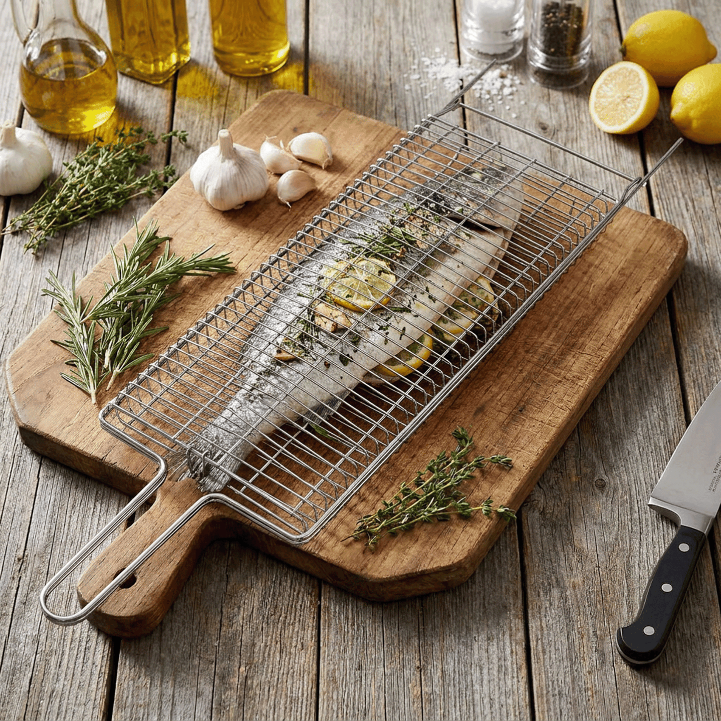 Brazilian Flame Chrome-Plated Steel Grill Basket — Non-Stick Fish & Steak Grilling Cage with Long Handle, Folding Double-Sided BBQ Basket for Whole Fish, Fillets & Meats | For Charcoal, Gas & Open Fire